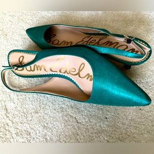 Sam Edelman. Turquoise satin kitten heel sling backs